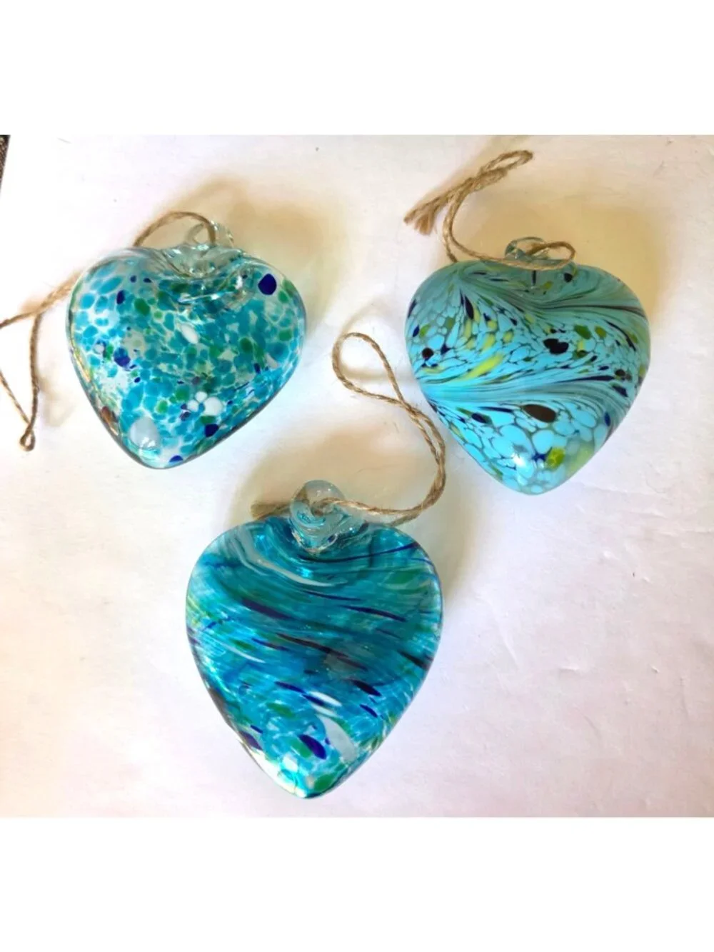 Set of 3 Handcrafted Blown Glass Heart Ornaments Blue & Green Swirl Design